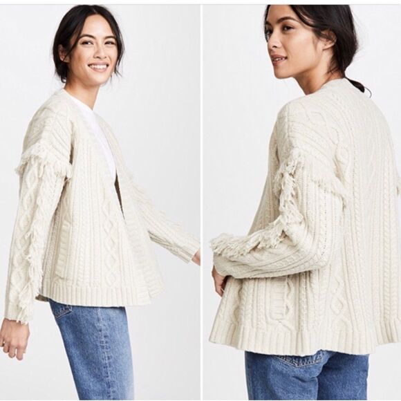 Madewell Cable knit Fringe Wool Cardigan Fisherman, Beige, size M - Picture 3 of 9